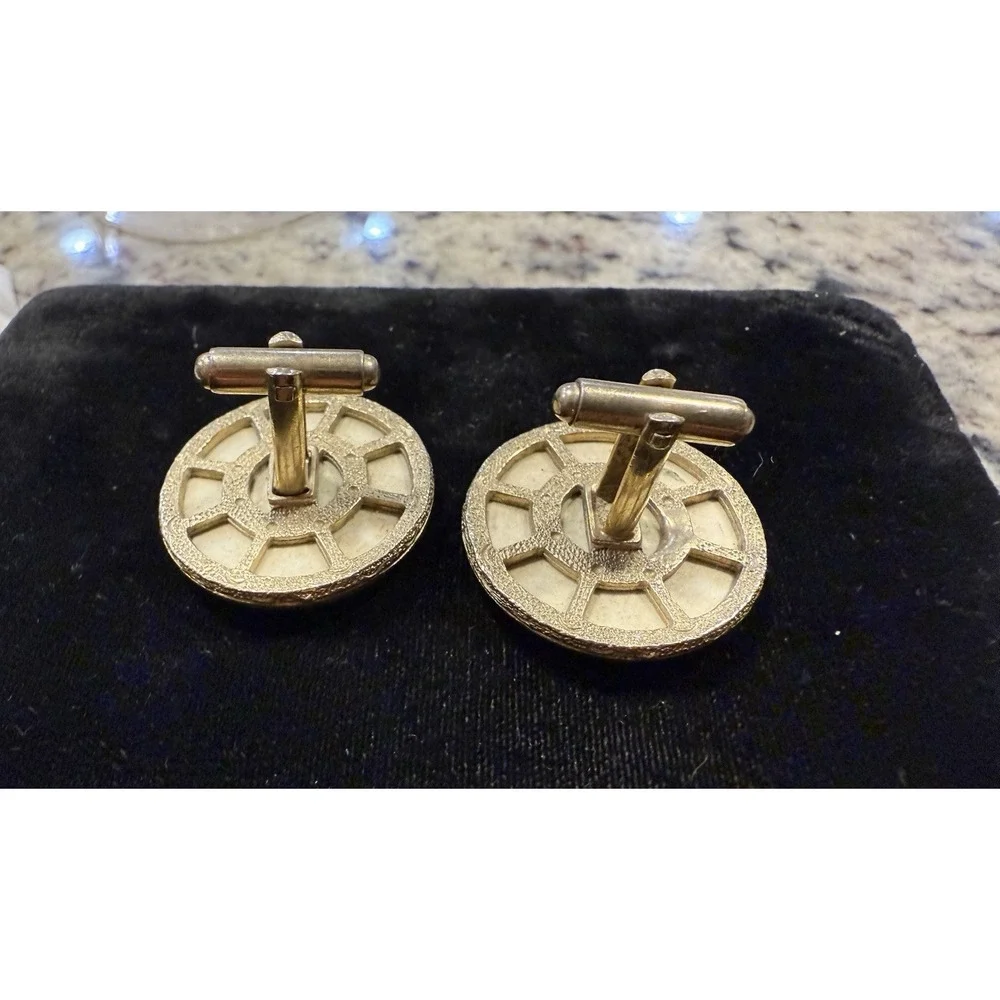 Vintage Porcelain Floral Cufflinks Gold Tone Hand Painted Style Mid Century